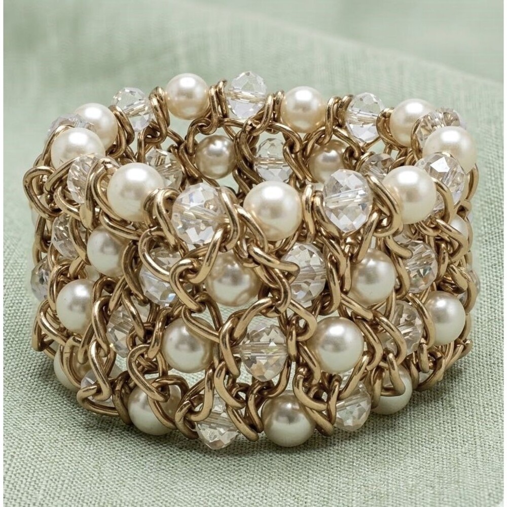 Chunky Stretch Bracelet Gold Tone White Clear Beads